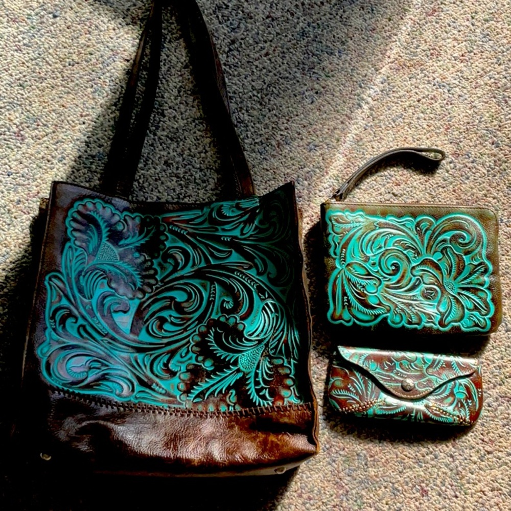 Patricia Nash tooled Italian leather.  3 piece set.